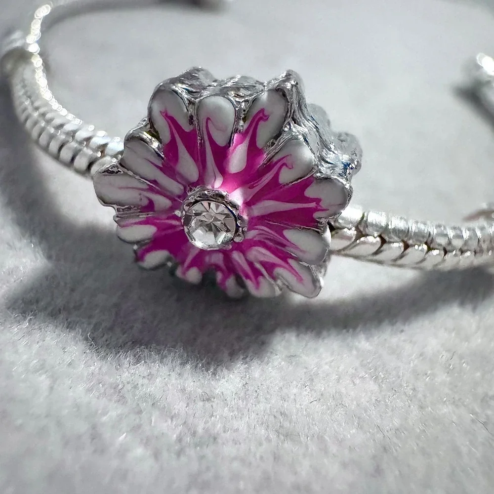 Pink White Enamel Flower Bead Charm fits‎ PANDORA